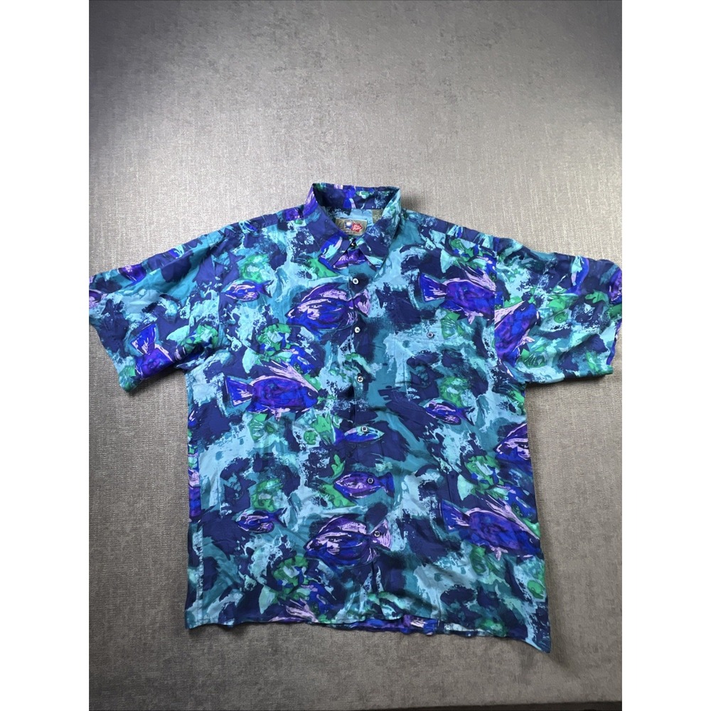 Hilo Hattie Hawaiian Shirt Men Large Silk Blue Watercolor‎ Paint Fish Art Ocean